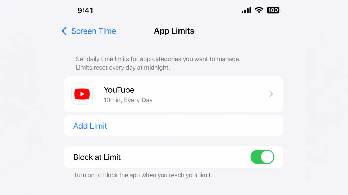 iPhone Screen Time App Limits screen with a 10-minute YouTube limit and Block at Limit toggled on.