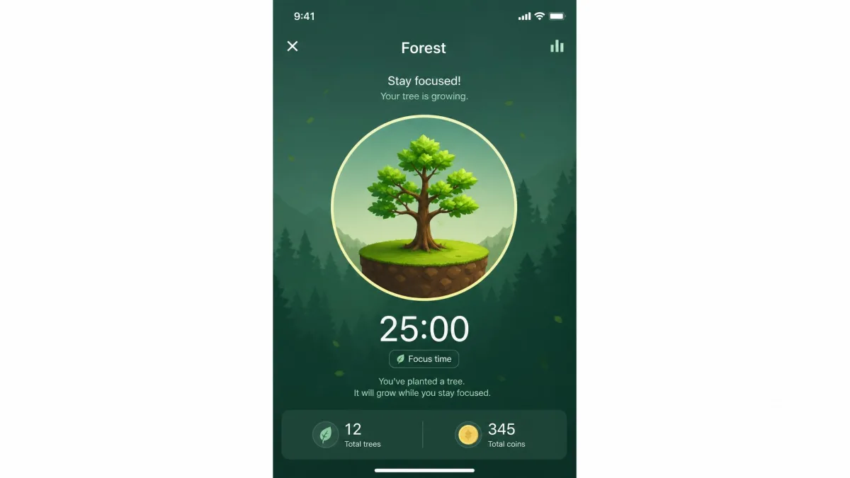 Forest app showing a virtual tree growing during a 25-minute focus session.