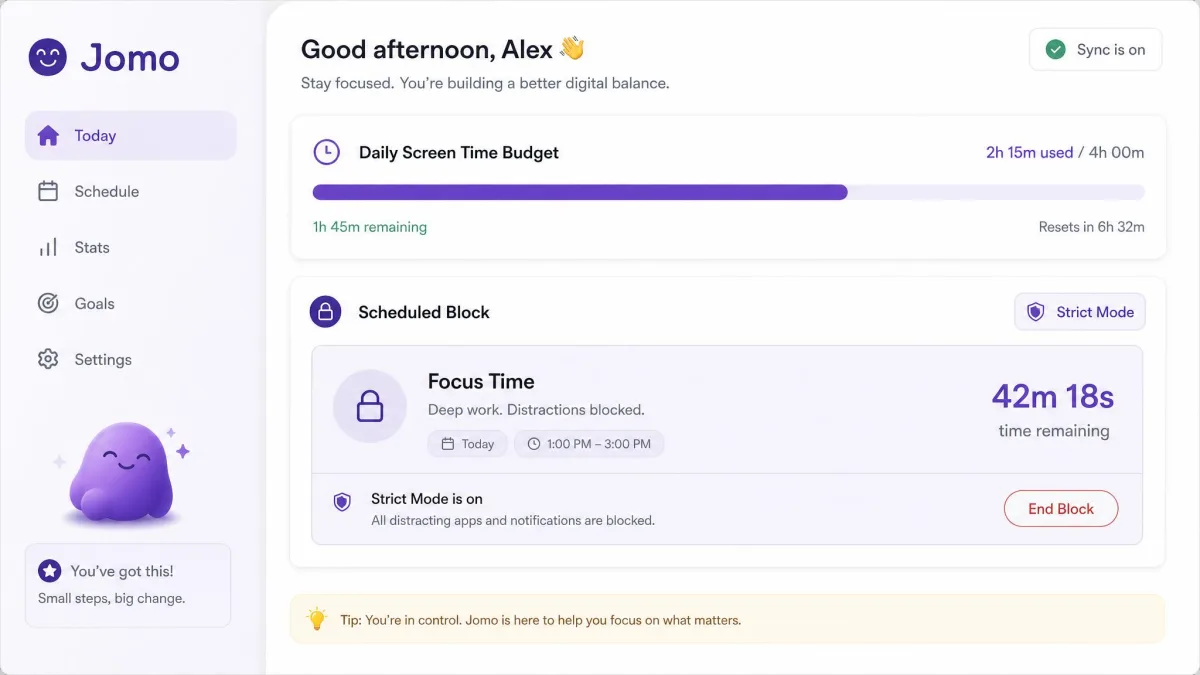 Jomo screen showing a daily Screen Time budget bar and a scheduled block window with Strict Mode on.