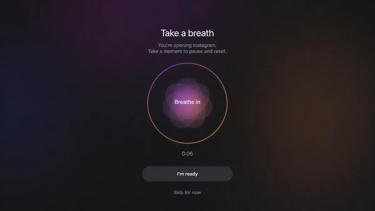 one sec app's breath-and-pause screen before Instagram opens.