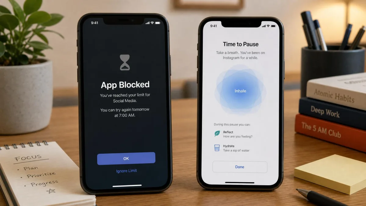 Two iPhones on a desk running screen time apps, one showing a hard block and the other a breathing pause.