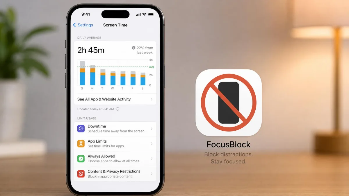 iPhone showing built-in Screen Time settings next to a third-party blocker app icon.