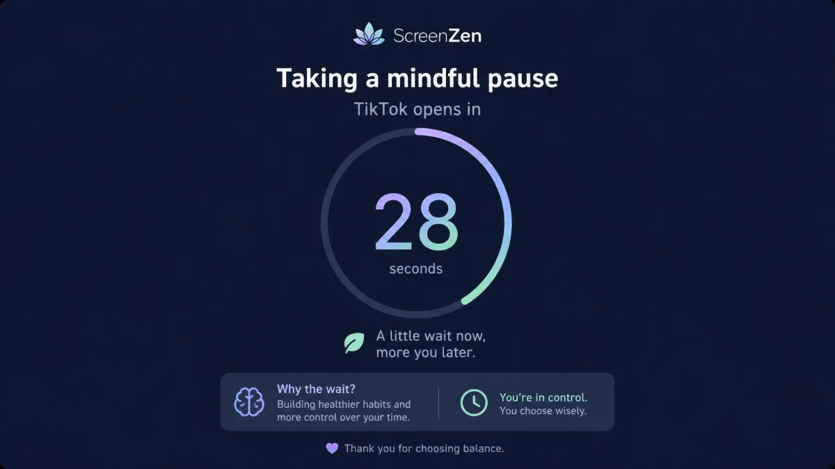 ScreenZen delay screen showing a wait countdown before TikTok opens.