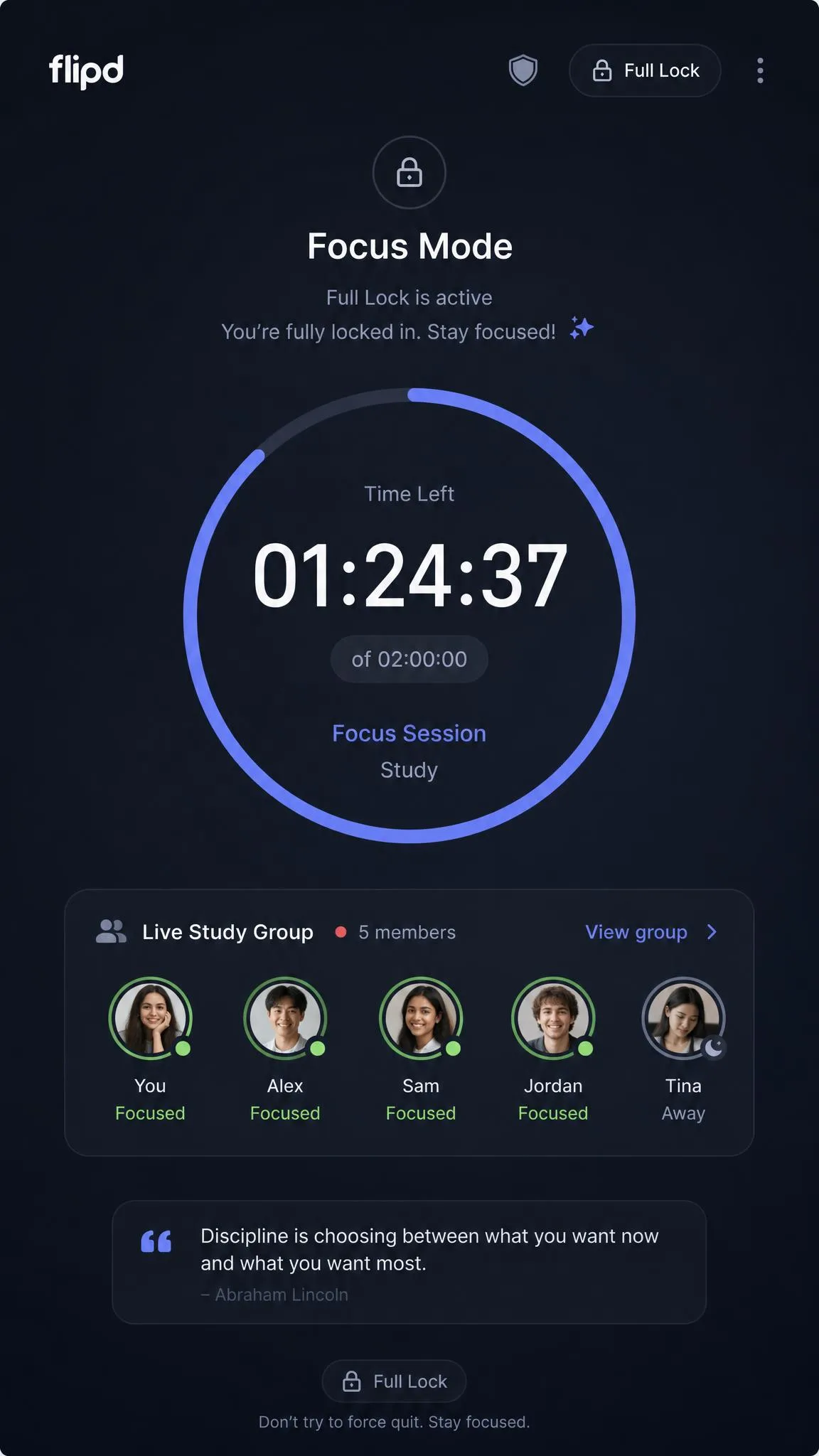 Flipd's Full Lock screen during a study session, showing the countdown timer and a live study group with other members' focus status.