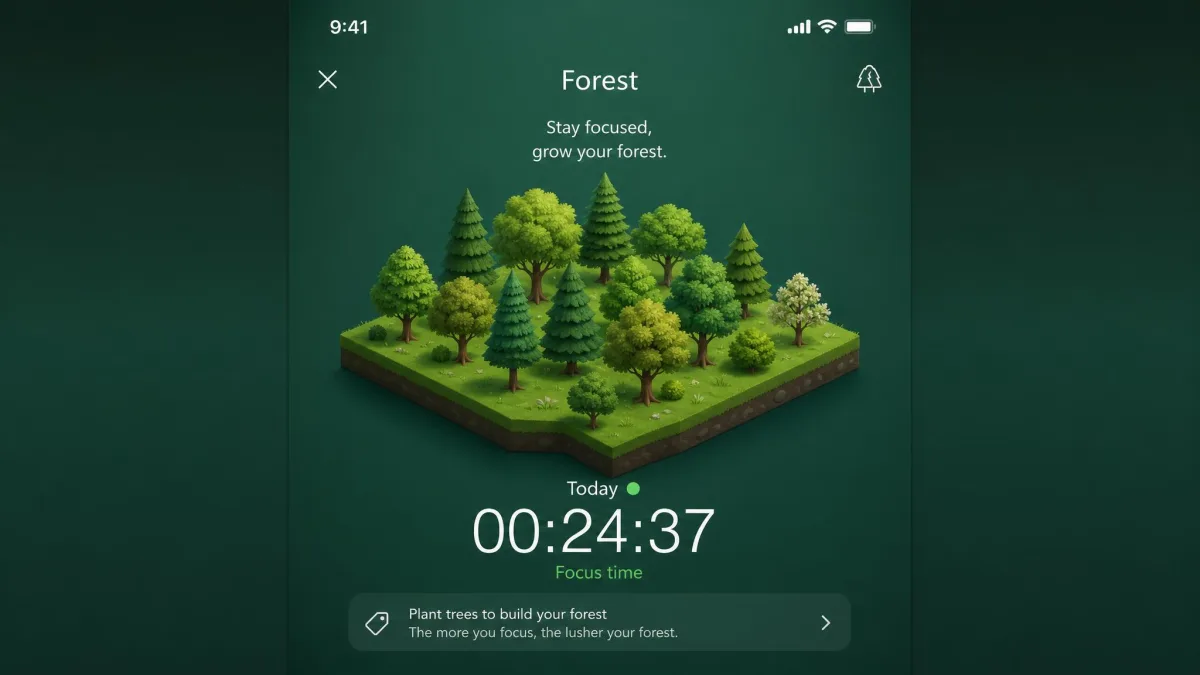 Forest's focus screen on a phone showing a small forest of grown trees for completed sessions, with the current session timer counting up.