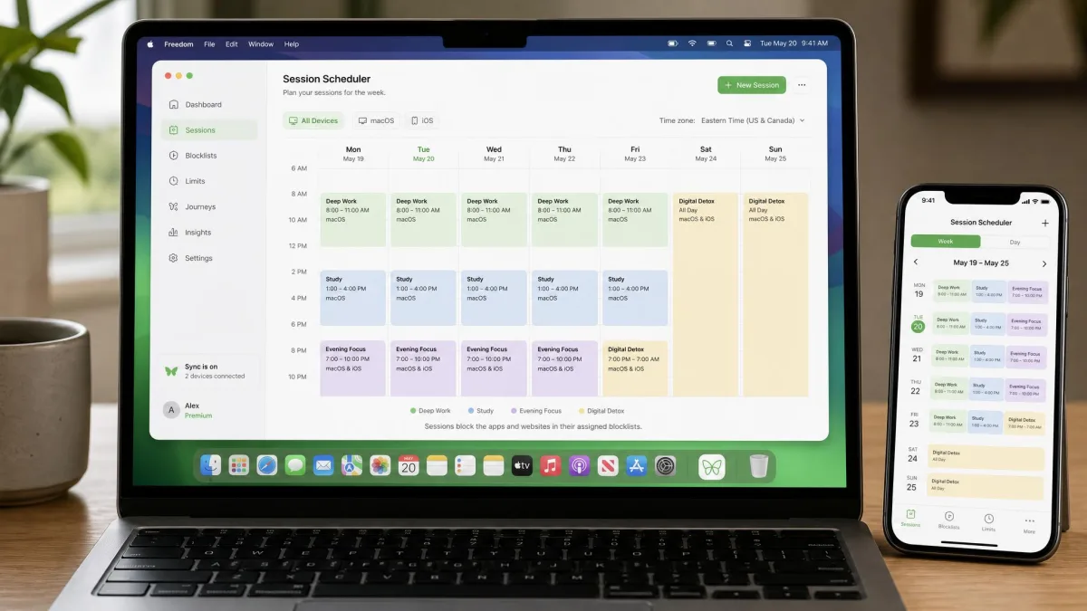 Freedom's session scheduler on a laptop showing a weekly block schedule for apps and websites across macOS and iOS.