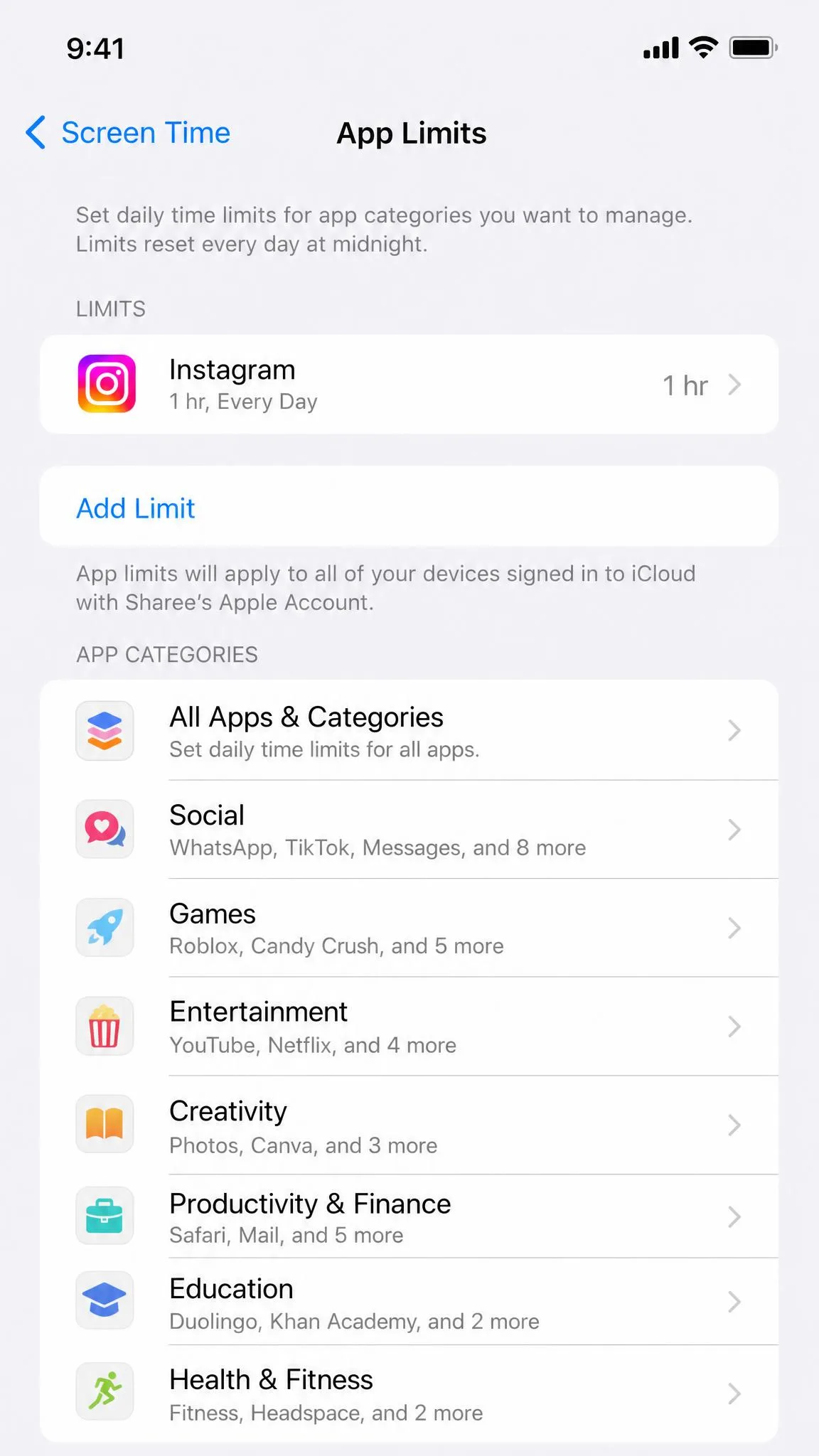 iOS Screen Time settings showing per-app daily limits for a social media app, with the Add Limit button and a list of app categories.