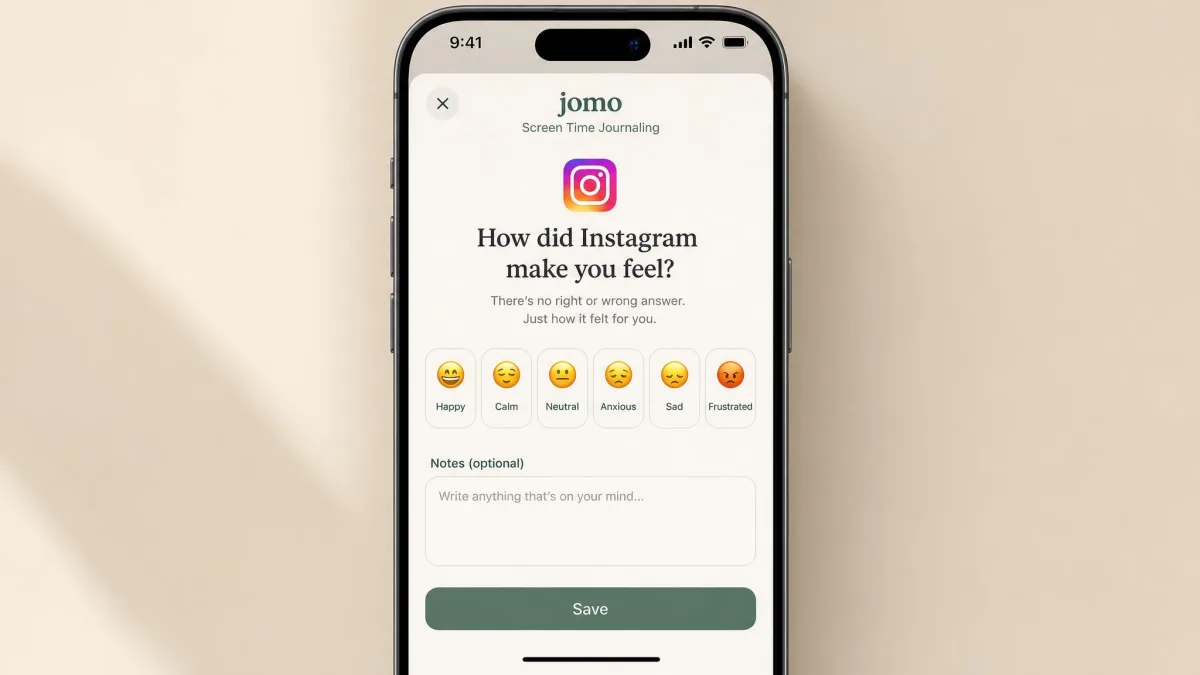 Jomo's Screen Time Journaling prompt on an iPhone asking how a social media app made the user feel, with mood emoji options and a notes field.
