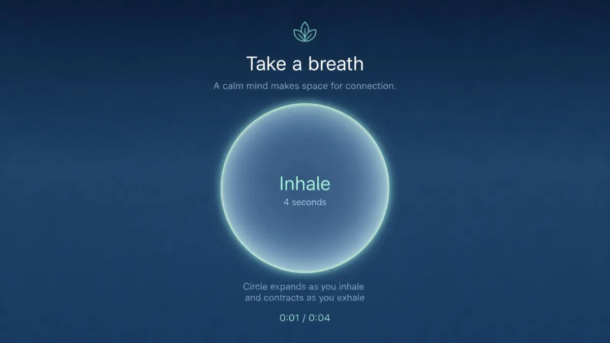 one sec's breathing intervention screen before a social app opens, with a circle expanding and contracting for a four-second inhale and exhale.