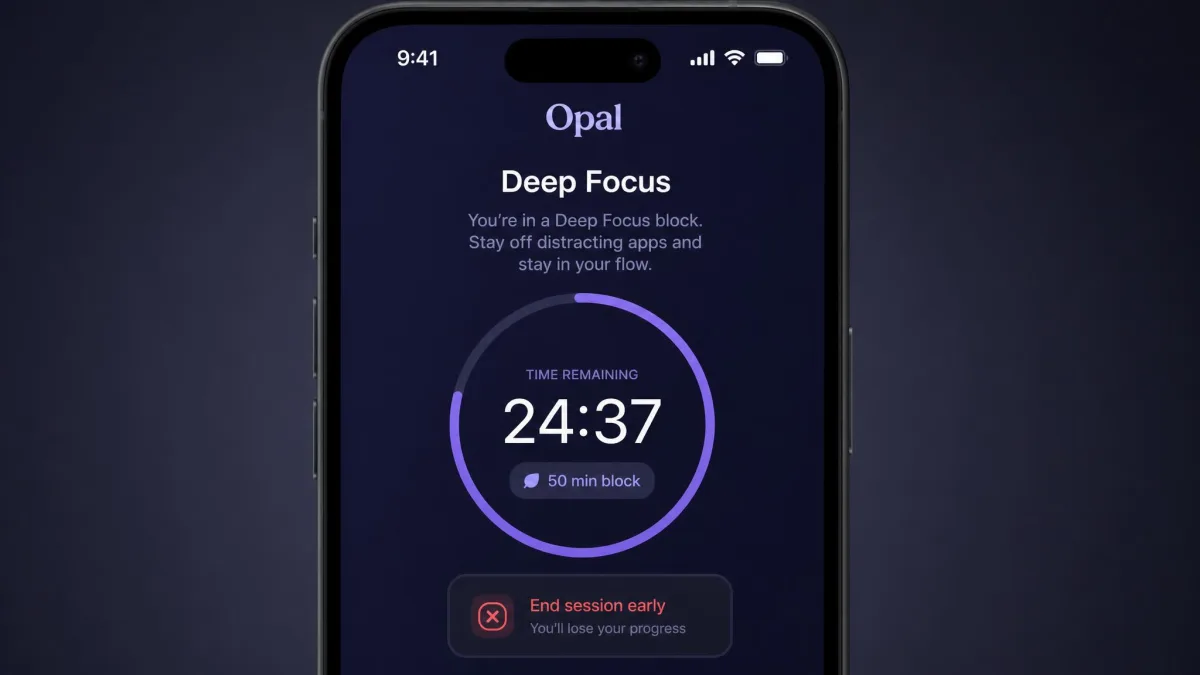 Opal's Deep Focus block screen on an iPhone showing the countdown timer and the option to end the session early.