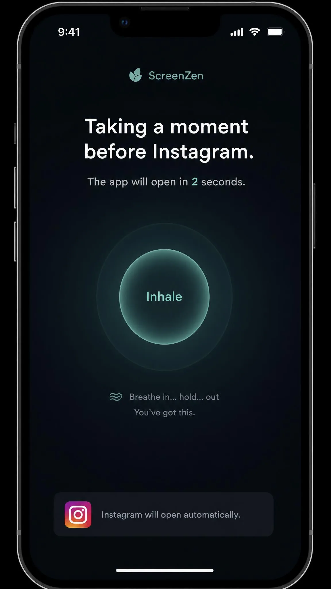 ScreenZen's pause screen on an iPhone showing a two-second delay with a breathing hint before a social media app opens.