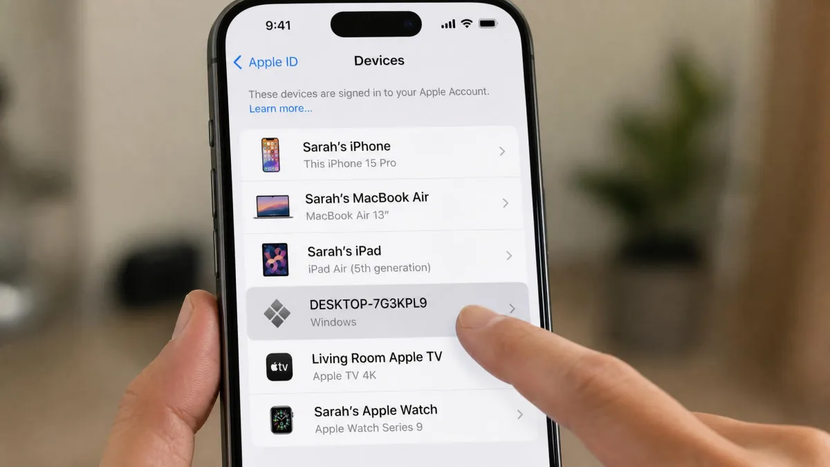 An iPhone Settings screen showing the Apple ID device list with several signed-in devices, one of them unfamiliar and highlighted by a finger pointing at it.