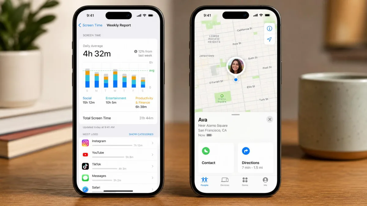 An iPhone showing the Screen Time weekly report with app category bars, beside a second iPhone displaying the Find My map with a family member's location pin.