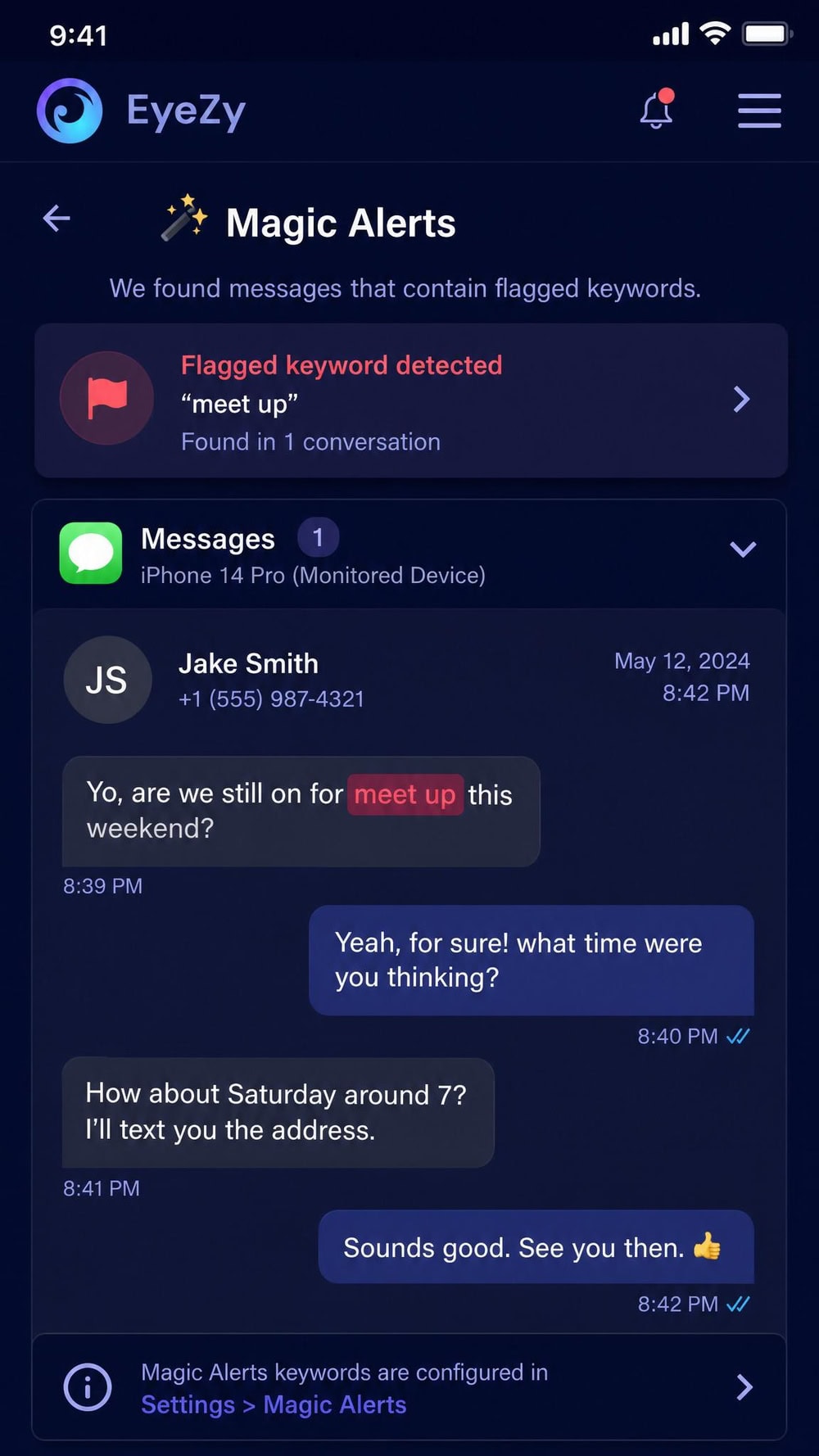 EyeZy mobile app showing a Magic Alerts screen with a flagged keyword highlighted in a captured message thread from a monitored iPhone.