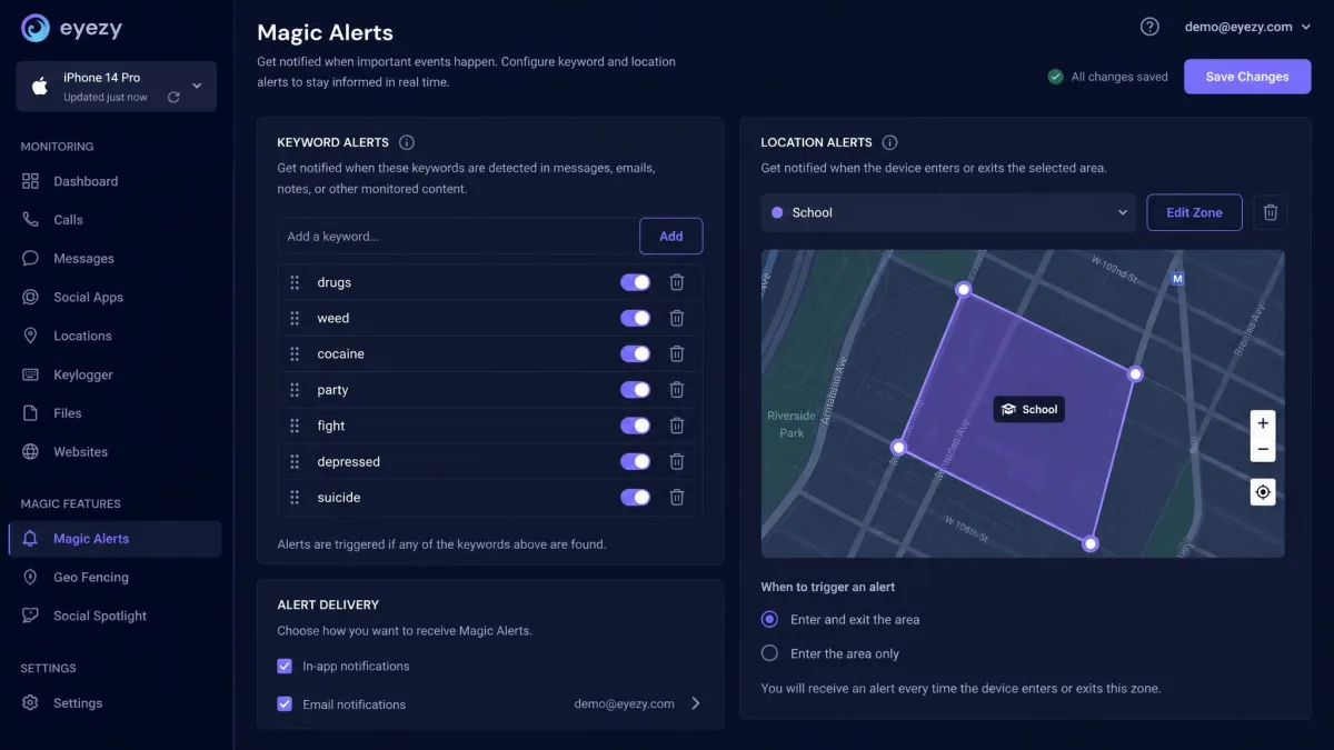 Eyezy Magic Alerts configuration screen with a keyword list being edited and a map area highlighted for a location trigger.