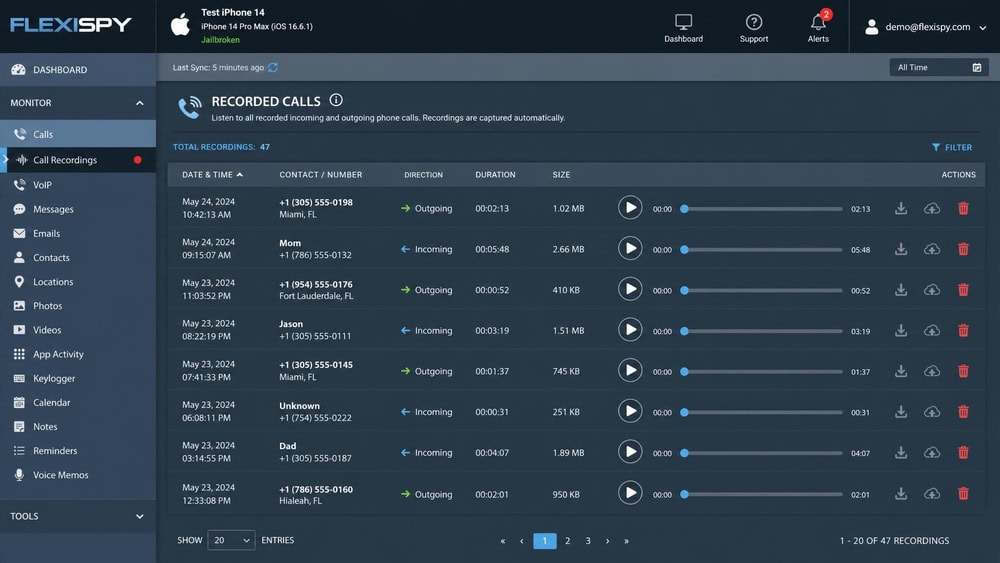 FlexiSpy dashboard showing a list of recorded phone calls with playback controls and durations, captured from a jailbroken iPhone test device.