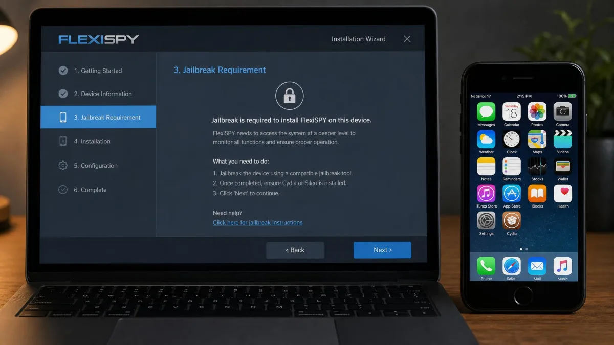 A FlexiSPY installation screen on a laptop showing the jailbreak requirement step, with a jailbroken iPhone displaying a package manager icon on its home screen beside it.