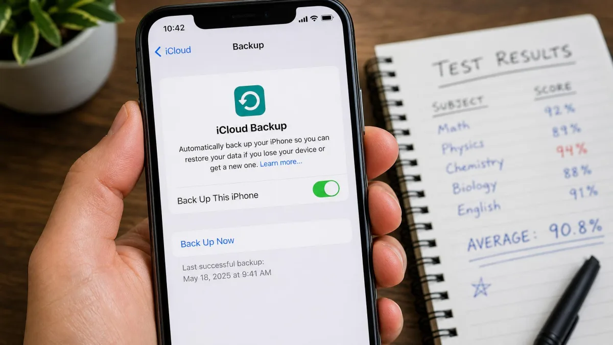 Close-up of an iPhone Settings screen with iCloud Backup toggled on and a last successful backup timestamp visible, held above a desk with a notebook of test results.
