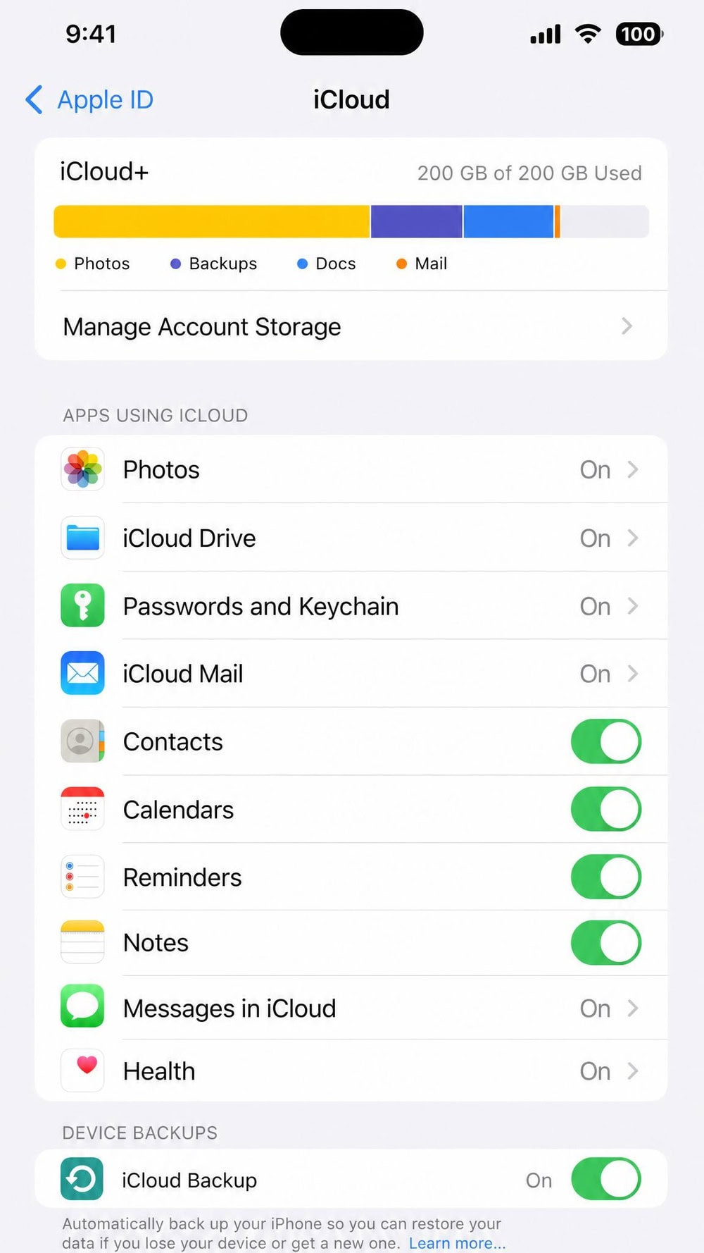 iPhone Settings screen open to the Apple ID iCloud page with the iCloud Backup toggle switched on, shown on iOS 18.