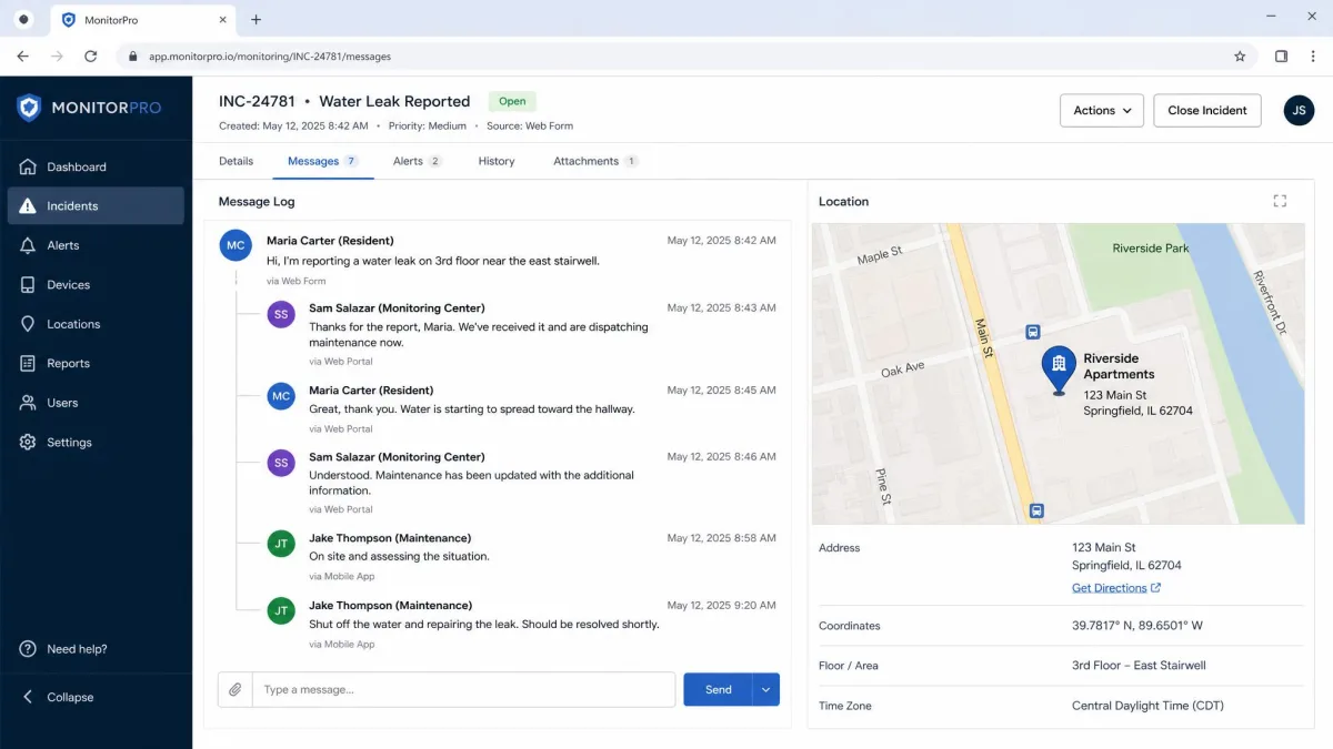 A monitoring dashboard message log open in a browser, showing a threaded conversation with timestamps and contact names, next to a location map panel.