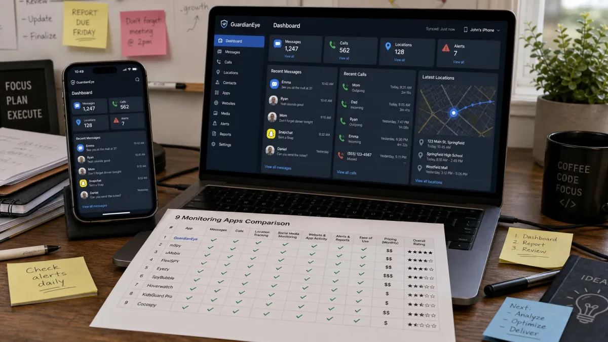An iPhone and a laptop on a messy desk showing a completed monitoring dashboard with message, call and location panels populated, alongside a printed comparison chart of nine apps.