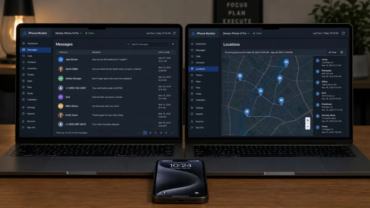 Side-by-side laptop screens showing two iPhone monitoring dashboards, one displaying a message log and the other a map with location pins, with an iPhone resting in front of the keyboard.