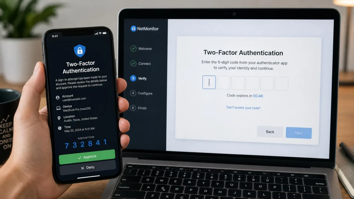 An iPhone displaying a two-factor authentication approval prompt with a six-digit code, held beside a laptop showing a monitoring app setup wizard waiting for code entry.