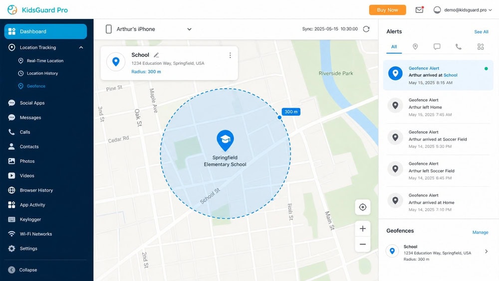 KidsGuard Pro parent dashboard showing a geofence circle drawn around a school location on a map, with an arrival alert notification listed in a sidebar.