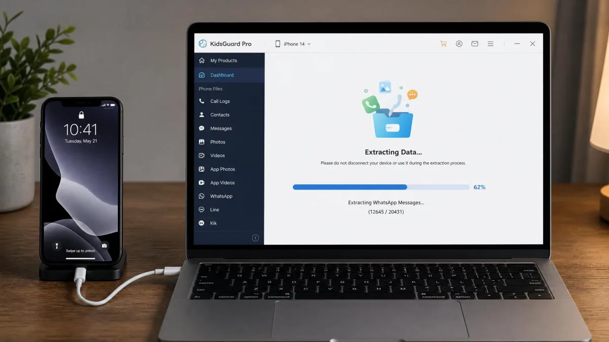 An iPhone connected by cable to a laptop running the KidsGuard Pro desktop client, with a data extraction progress bar on screen.