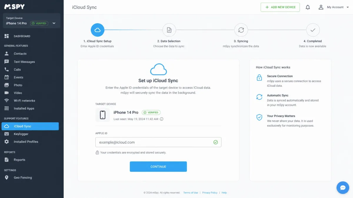 mSpy control panel showing the iCloud Sync setup step with an Apple ID field filled in and a green verified status beside the target device name.