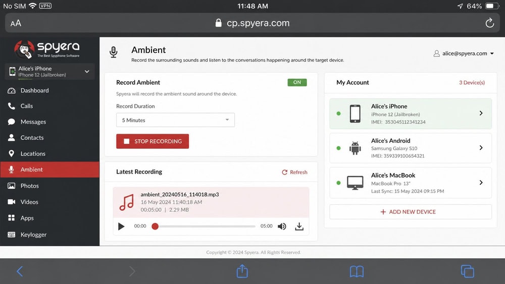 Spyera control panel showing an ambient sound-recording feature with a recorded audio clip and a multi-device account list, captured from a jailbroken iPhone.