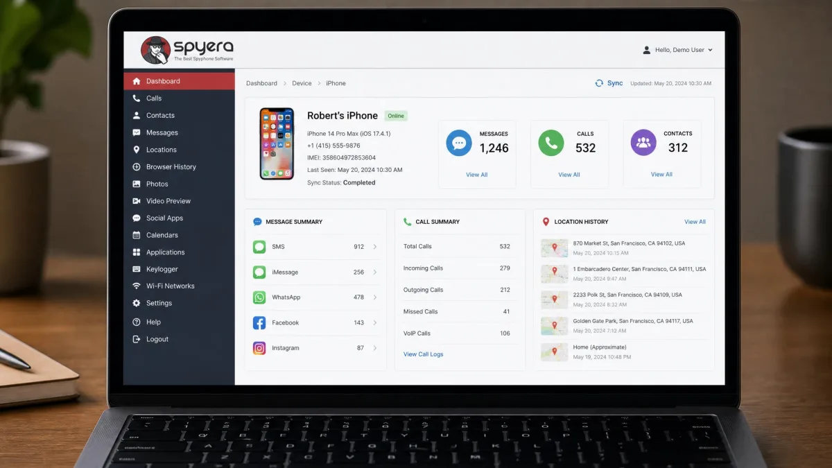 The Spyera web dashboard open on a laptop showing an iPhone device summary panel with message counts, call totals and a location history list.