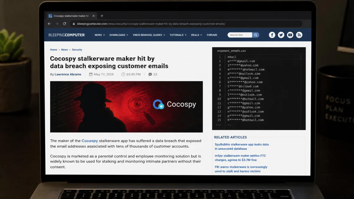 A laptop screen showing a security news article about a stalkerware data breach with Cocospy, with a redacted list of exposed customer email addresses visible in the background.
