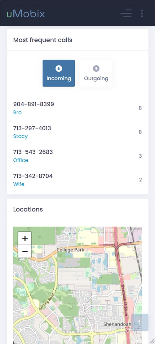 uMobix control panel showing most frequent calls and the current location of the iPhone