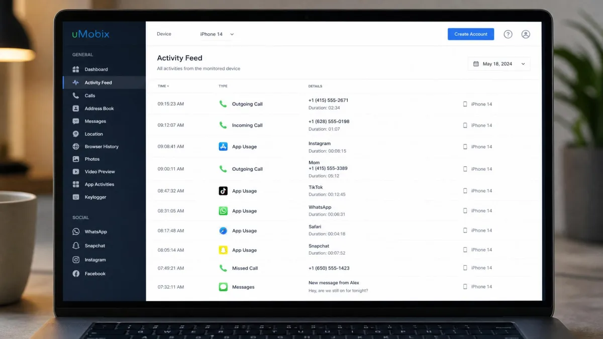 uMobix dashboard activity feed on a laptop screen listing timestamped call entries and app usage events from a monitored iPhone.