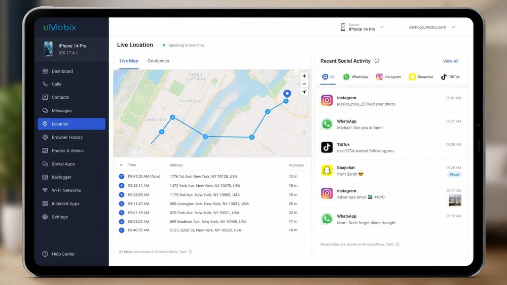 uMobix dashboard on a tablet showing a real-time location map with a timestamped breadcrumb trail and a panel of recent social-media activity from a monitored iPhone.