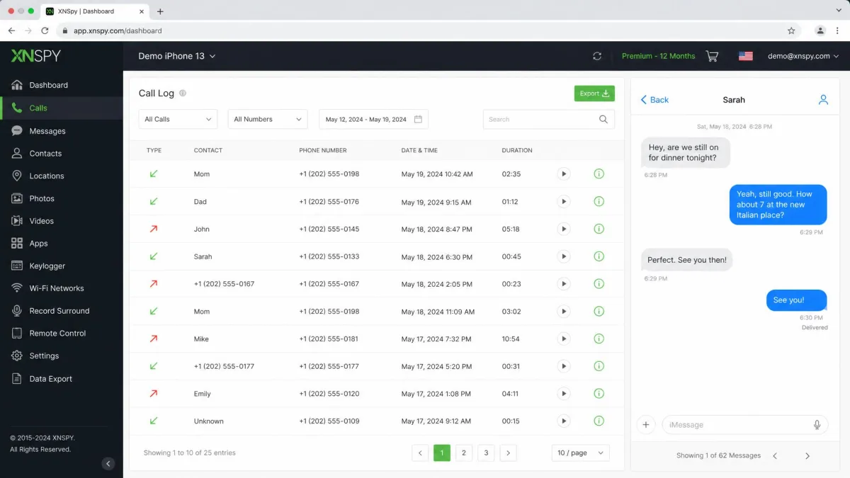 XNSpy call log screen in a browser listing inbound and outbound calls with durations, beside an open SMS thread from a monitored iPhone.