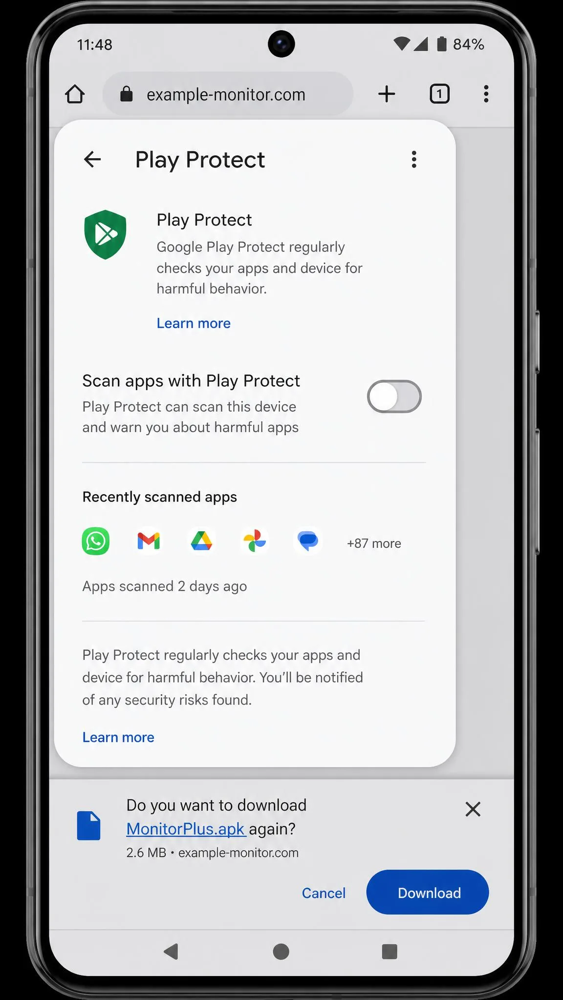 An Android phone screen showing the Google Play Protect settings page with the scanning toggle switched off, and a browser download prompt for a monitoring app APK behind it.