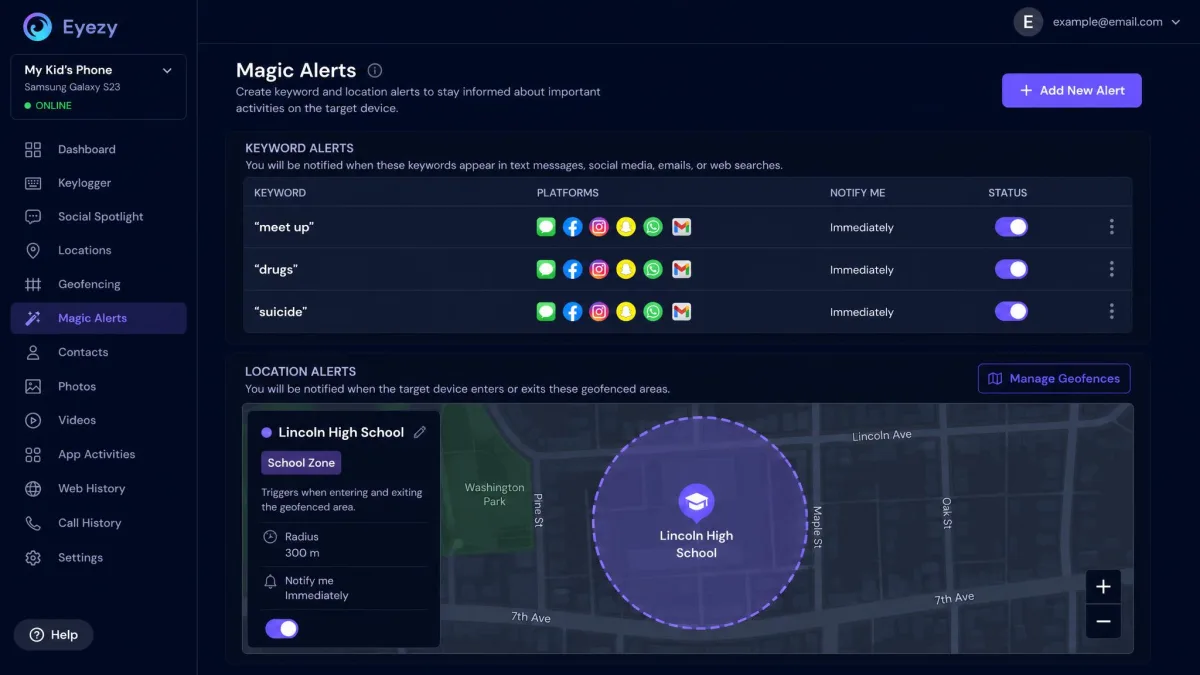The Eyezy Magic Alerts configuration screen with three keyword rules entered and a map showing a geofenced school zone below them.