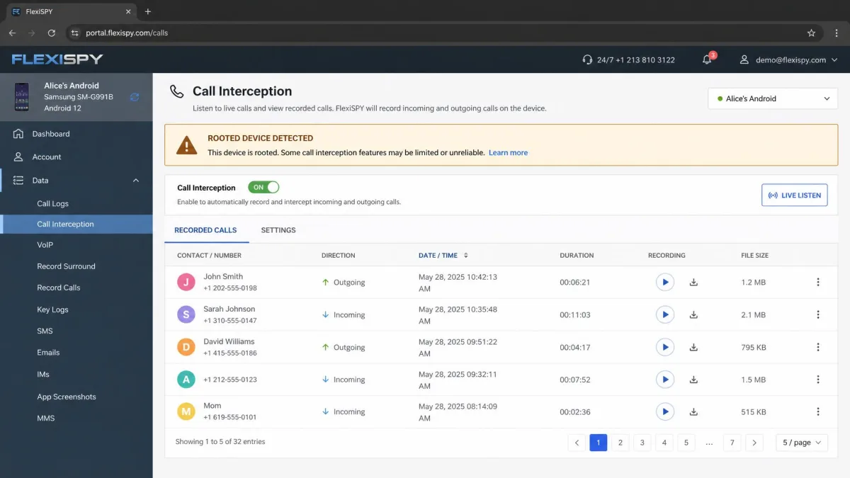 The FlexiSPY web portal open on the call interception settings page, with a rooted-device warning banner and a list of recorded call entries beneath it.