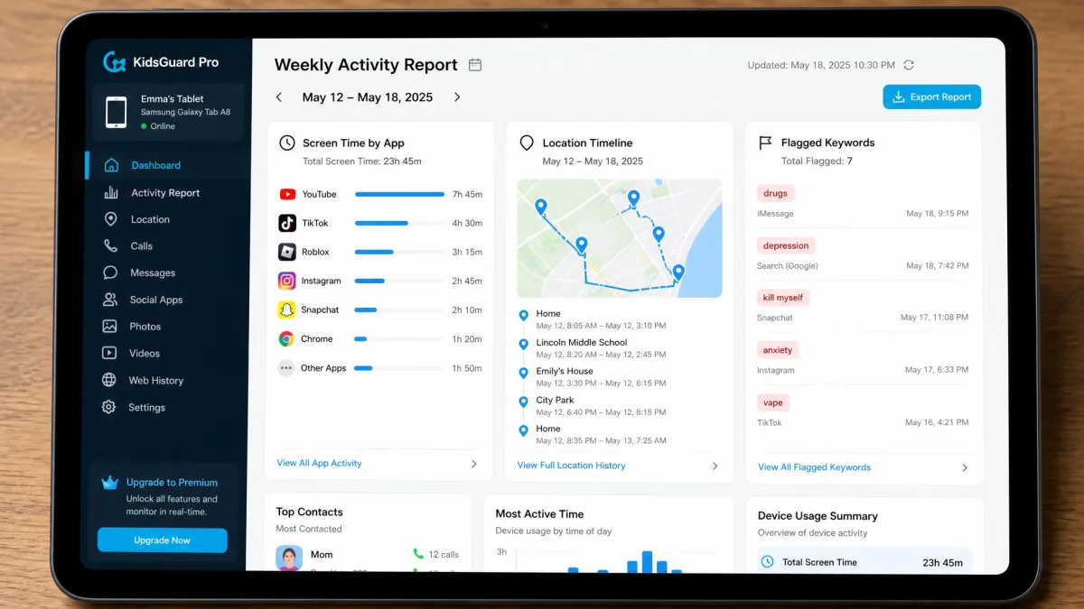 A KidsGuard Pro weekly activity report on a tablet, showing screen time totals by app, a location timeline, and a list of flagged keywords.