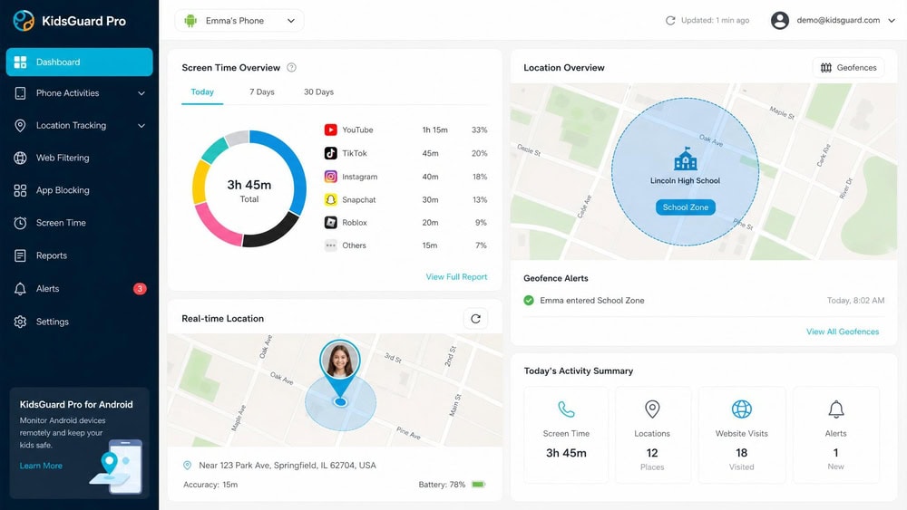 KidsGuard Pro parent dashboard showing a child's daily screen-time breakdown by app, a geofence map with a school zone, and a real-time GPS location marker.
