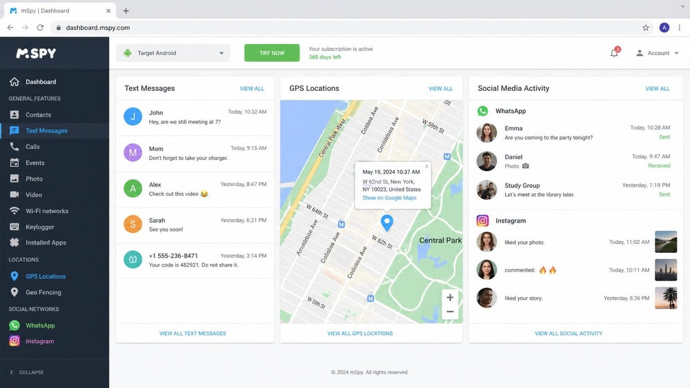 mSpy parent dashboard in a web browser showing a target Android phone's recent SMS messages, a GPS location map, and a social-media activity feed for WhatsApp and Instagram.
