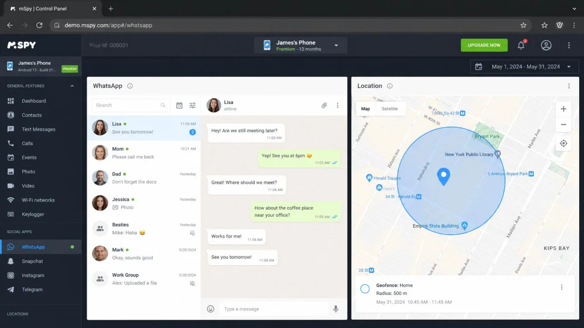 The mSpy control panel open on a browser, showing a captured WhatsApp thread on the left and a device location map with a geofence circle on the right.