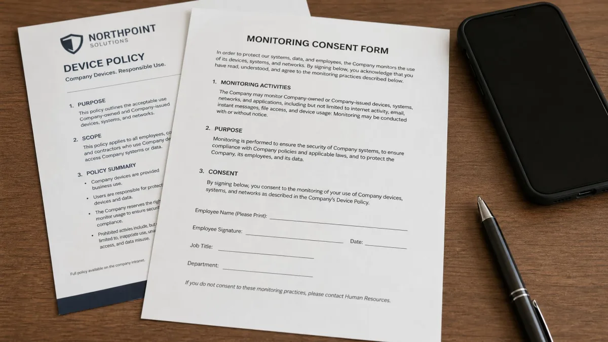 A printed monitoring consent form on a desk beside a phone and a pen, with a company device policy document partly visible underneath.