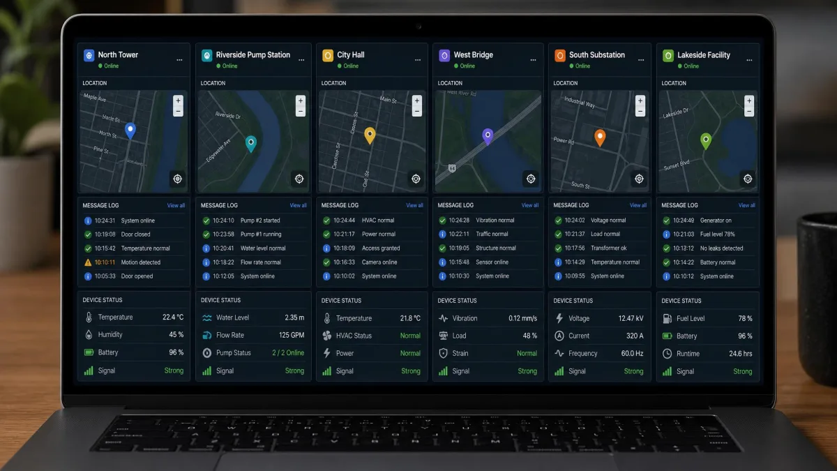 Six monitoring app dashboards shown side by side on a laptop screen, each displaying a location map, a message log panel, and a device status bar.