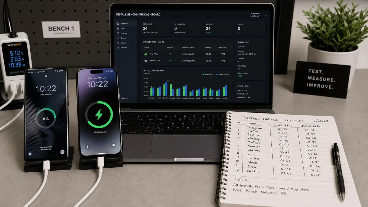 A testing bench with an Android phone and an iPhone side by side on charging cables, a laptop behind them showing a monitoring dashboard, and a notebook of install timings.