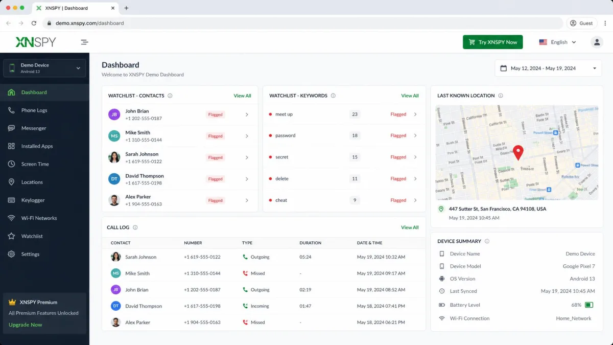 The XNSPY interactive demo dashboard in a browser, showing a watchlist of flagged contacts and keywords alongside a call log and a location pin.