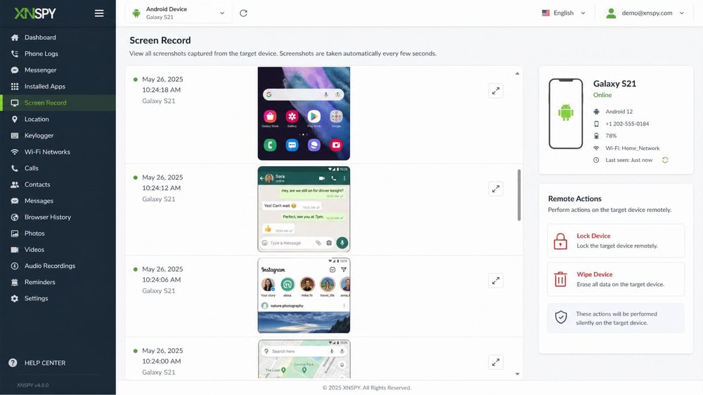 XNSPY dashboard showing a scrolling feed of automatic screenshots captured every few seconds from a target Android phone, alongside remote lock and wipe buttons.