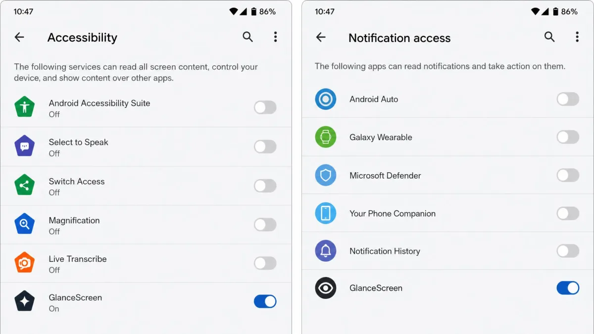 Android Settings screen showing the accessibility and notification access permission lists, with one unfamiliar service toggled on.